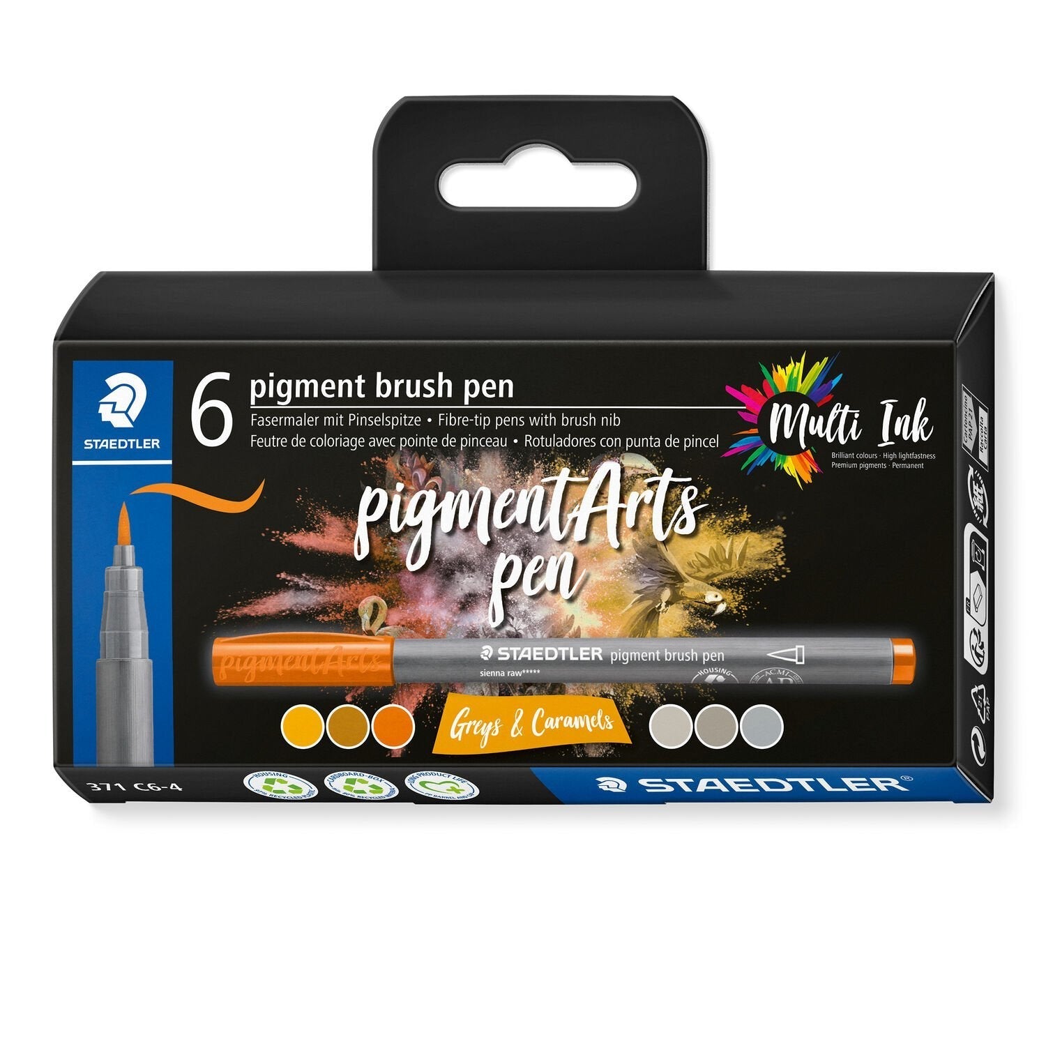 Staedtler 371 Pack De 6 Rotuladores Punta De Pincel Suave - Nueva Tinta Multi Ink - Pigmentos De Primera Calidad - Colores Grises/Caramelo Surtidos