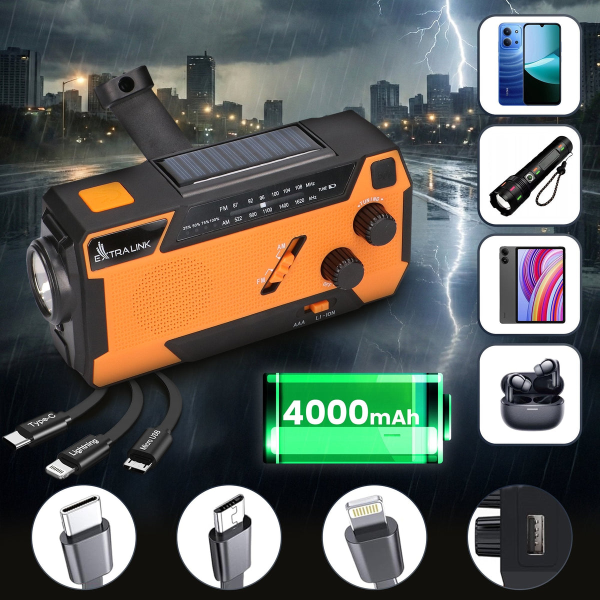 Extralink Radio Awaryjne Solarne Z Korbka Dynamo Powerbank 4000mah Z Latarka Sos Sr-4000