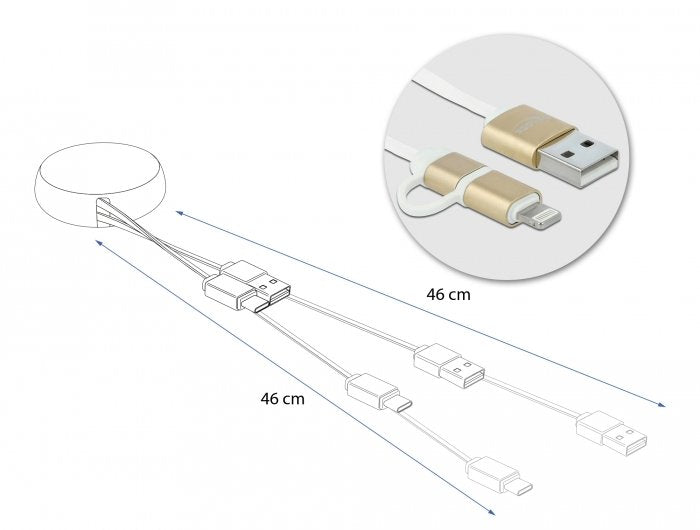 Delock Usb 2 In 1 Aufrollcable Typ-A Zu Micro-B Und Lightning Weiss   Gold