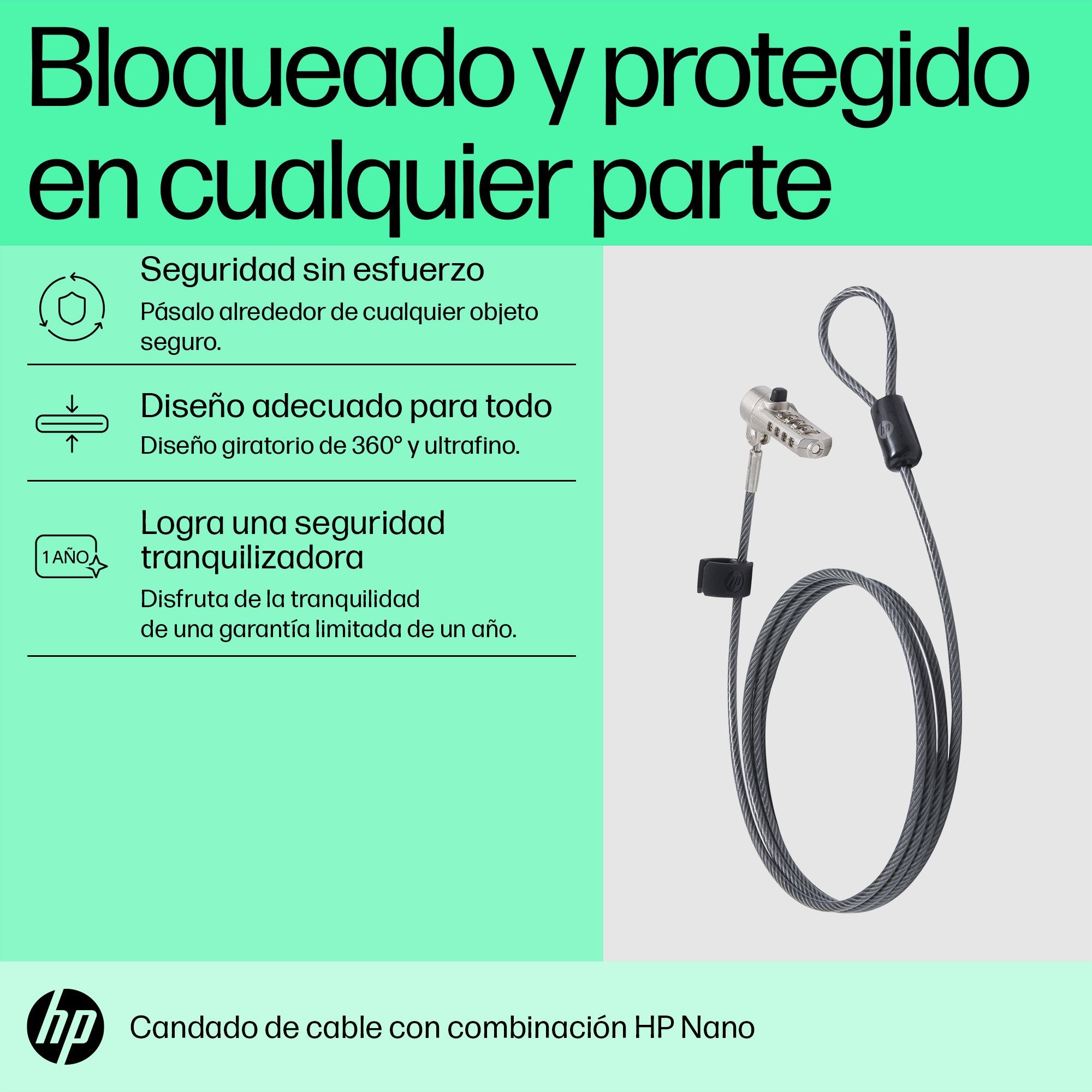 EAN 0196337975811 - HP Nano Combination Cable Lock cable antirrobo Acero inoxidable 1,83 m imagen 3