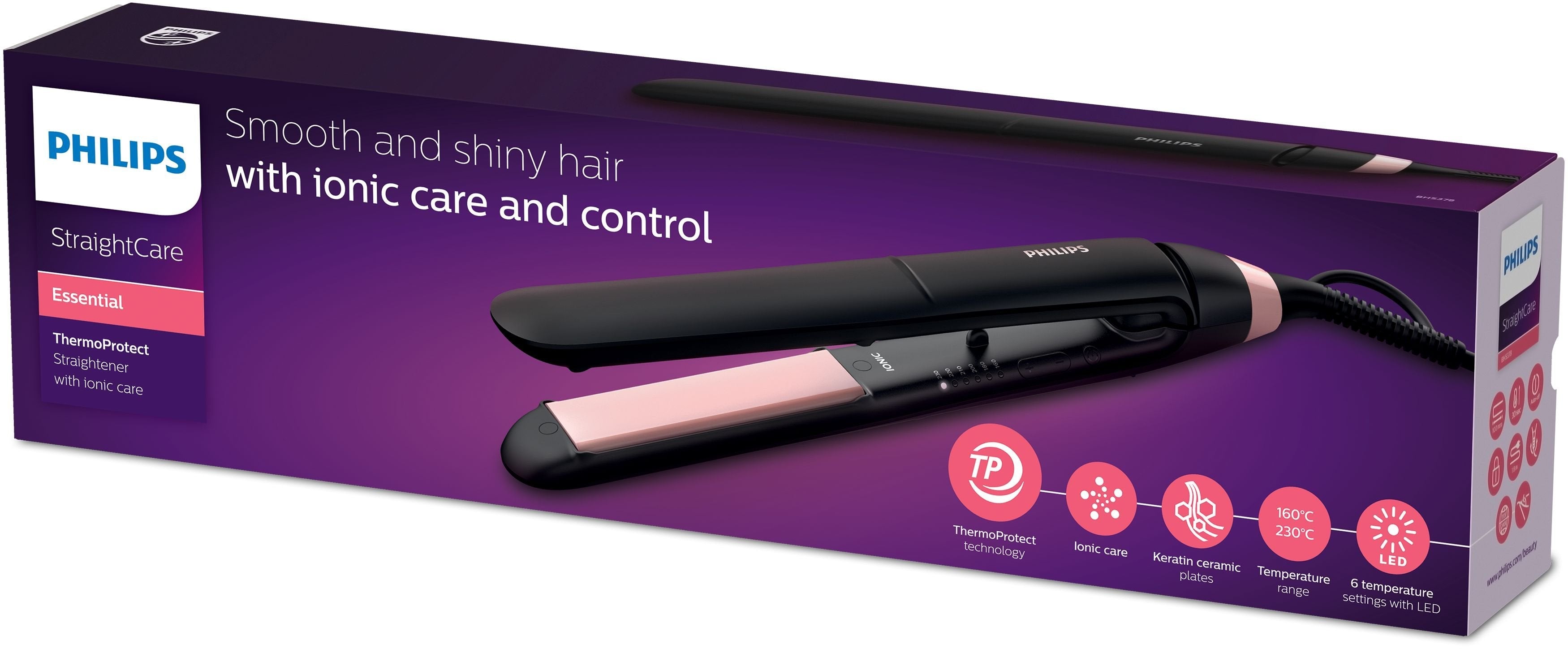 EAN 8710103888475 - Philips Essential BHS378/00 Utensilio de peinado Cepillo alisador Caliente Negro, Rosa 1,8 m imagen 3
