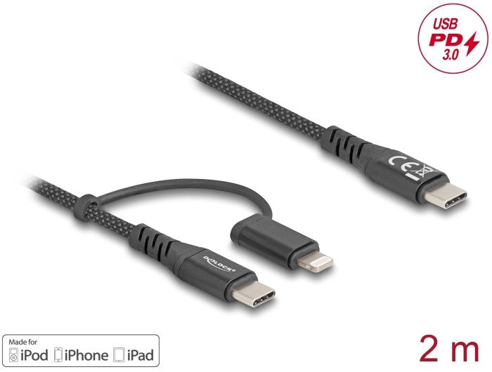 Delock Cable Usb 2 En 1 Usb Type-C A Usb Type-C / Lightning Para Iphone Y Ipad 2 M Mfi 60 W