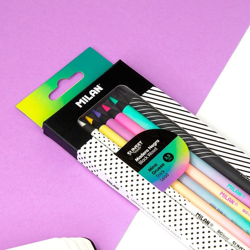 Pack De 3 Unidades Caja 6 Lápices De Colores Mina Gruesa Sunset  Milan.