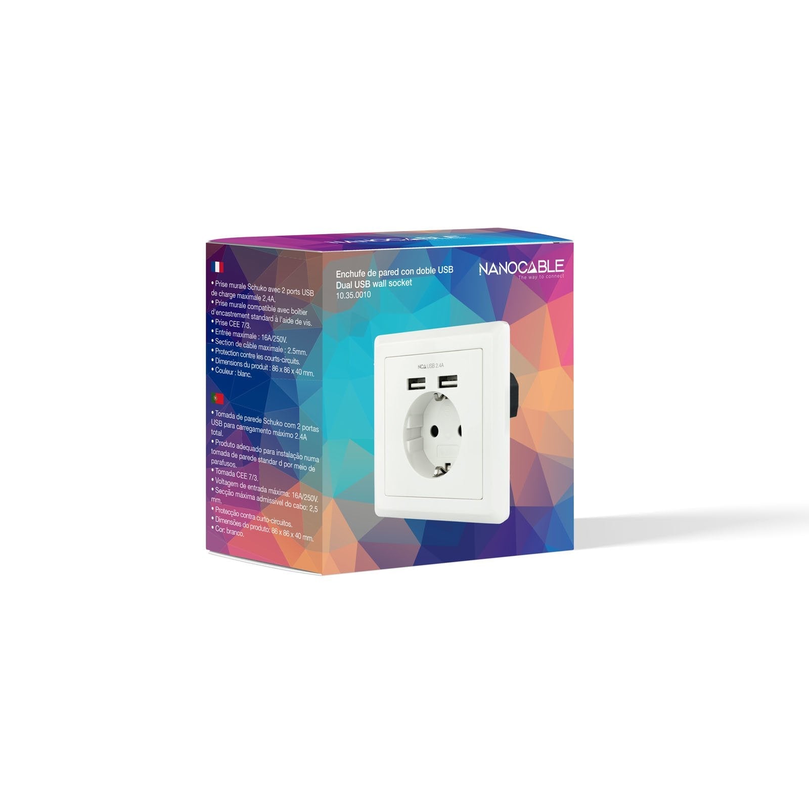 Nanocable Roseta Base De Enchufe De Pared Empotrable Tipo Schuko Con 2 Tomas Usb 2.4a - Blanco