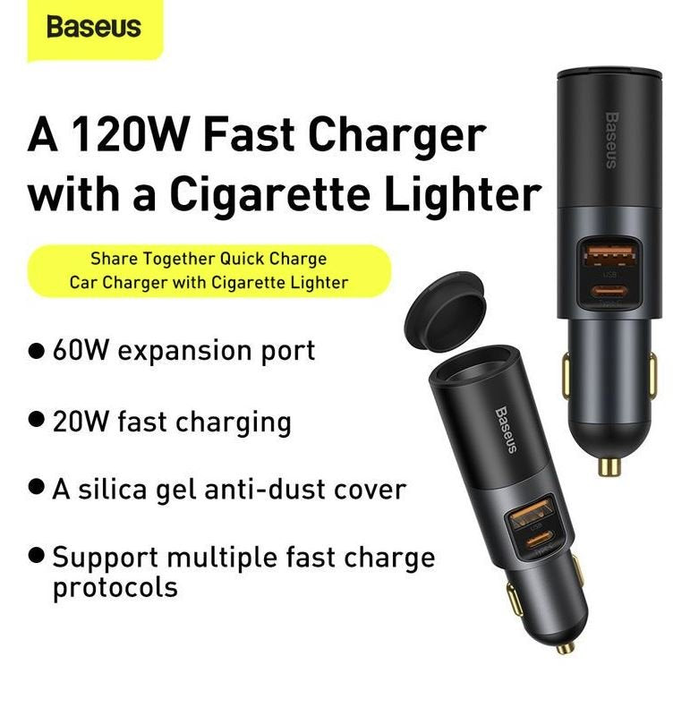 Baseus Charger For Auto 2 Ports (Usb+Usb-C) 120w Share Together Gray Ccbt-C0g
