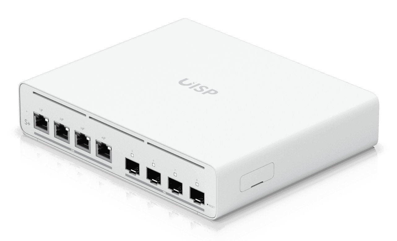 Ubiquiti Uisp-S-Plus Switch Poe 4xrj45 2,5gbe Con Poe Pasivo 27v Y 4x10g Sfp. Poe Total 160w (27v) (Adaptador Ca/Cc Incl). Dhcp Snooping. 1x Power Transport. Para Sobremesa, Pared, Bastidor 1u Y Exter