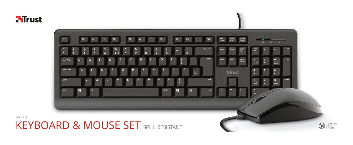 Trust Primo Teclado & Ratón Set, Con Cable, Deutsches Qwertz-Layout, Flüssigkeitsgeschützt
