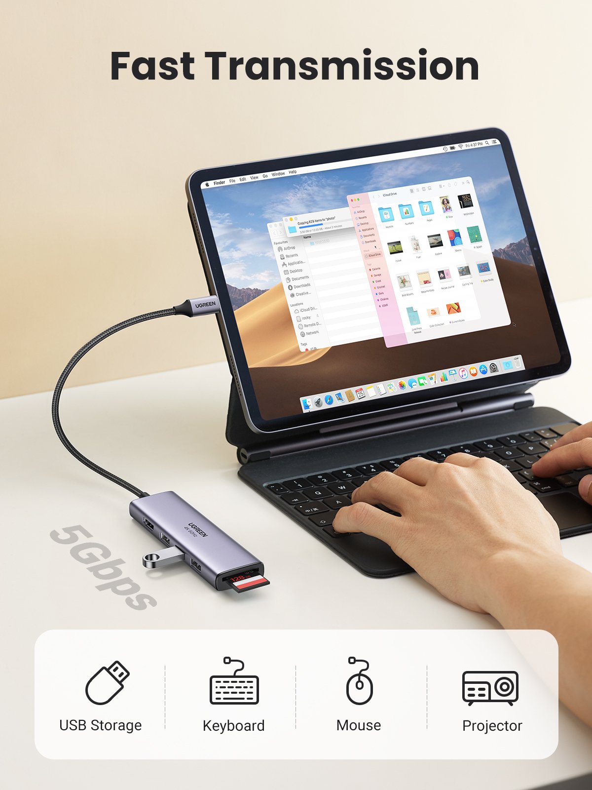EAN 6957303863839 - Ugreen CM511 5-in-1 Adapter USB-C Hub to 3x USB3.0 + HDMI + TF/SD Gray imagen 4