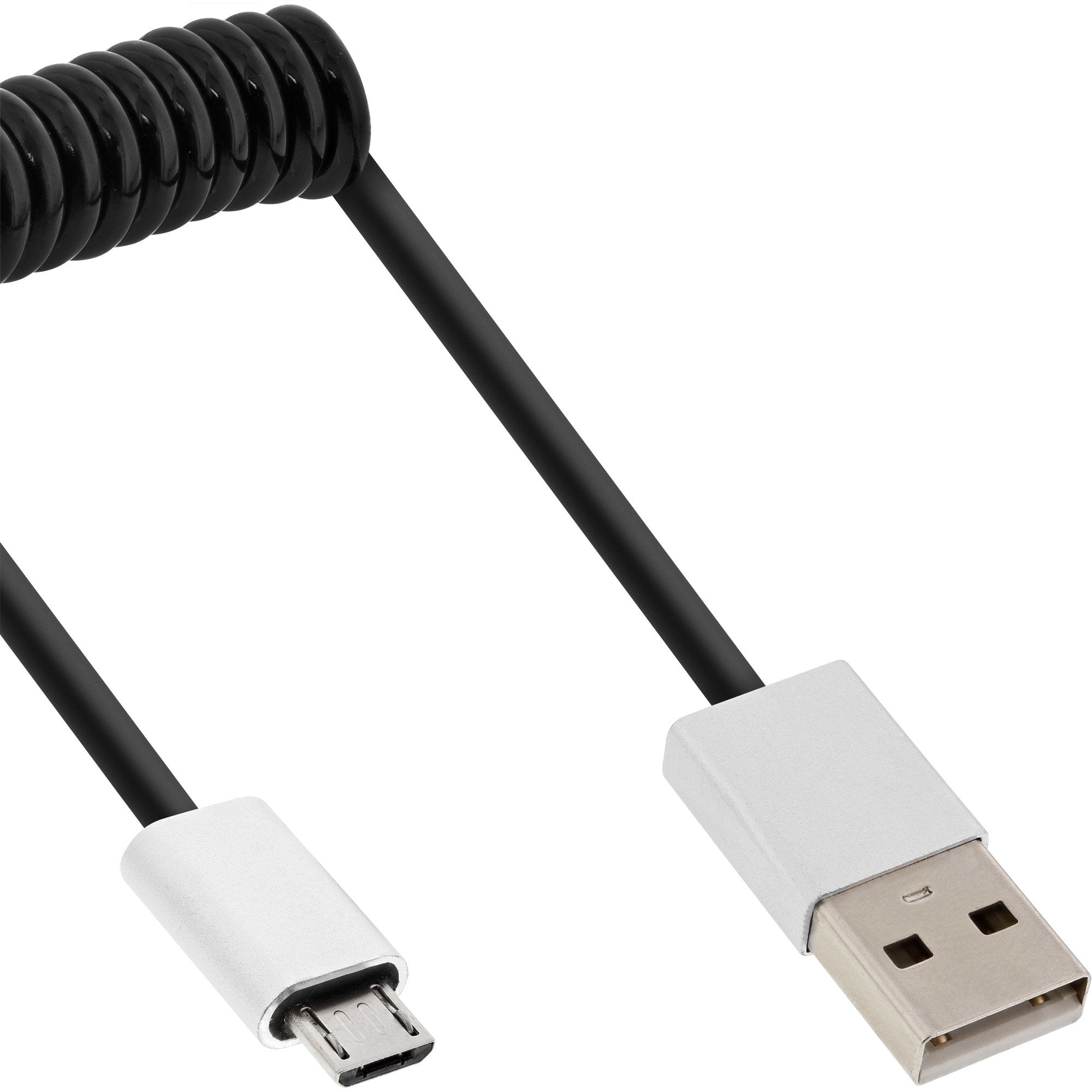 Cable Espiral Inline Micro-Usb 2.0, Conector Usb-A A Conector Micro-B, Negro/Aluminio, Flexible, 3 M