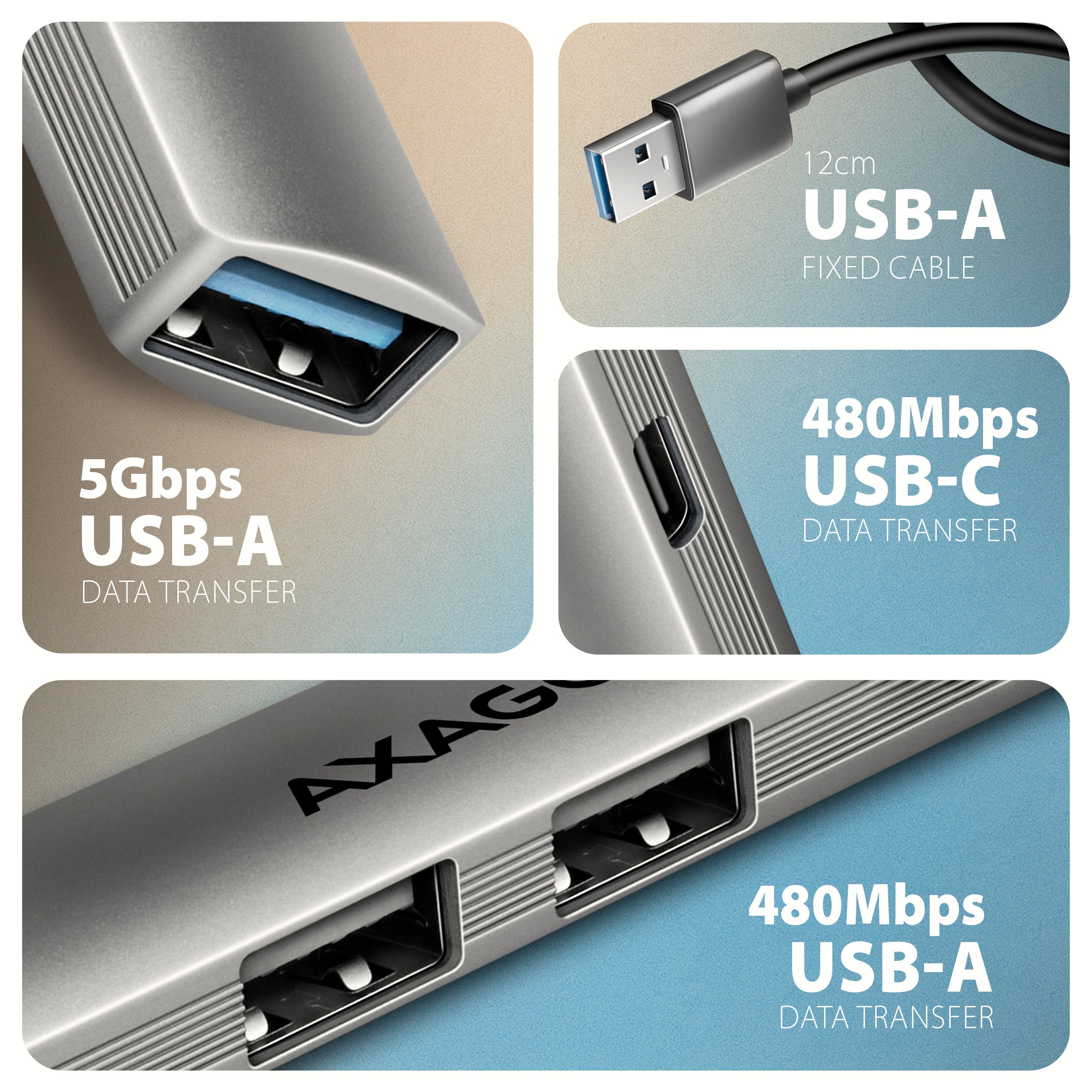 Hue-Sta Hub 4-Portowy 1x Usb-A 5gbps, 2x Usb2.0 + 1x Usb-C 2.0, 12cm Kabel Usb-A
