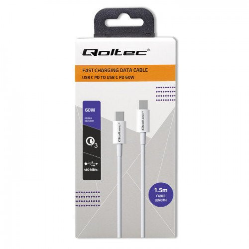 Qoltec 52360 Usb 2.0 Tipo C Cable Usb 2.0 Tipo C 60w Qc 3.0 Pd 1.5m White