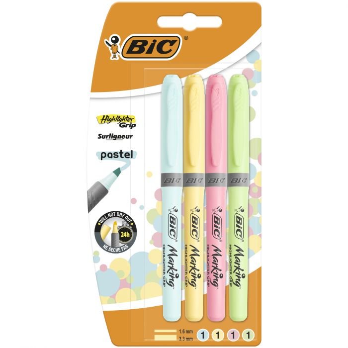 Pack Marcadores Fluorescentes Bic Highlighter Grip Pastel Colores Azul / Amarillo / Rosa / Verde Mango Texturizado Punta Biselada