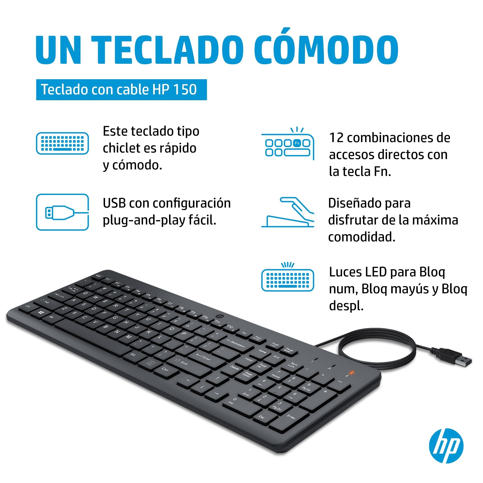 EAN 196548244140 - HP 150 USB-A Wired Keyboard teclado Universal Negro imagen 3