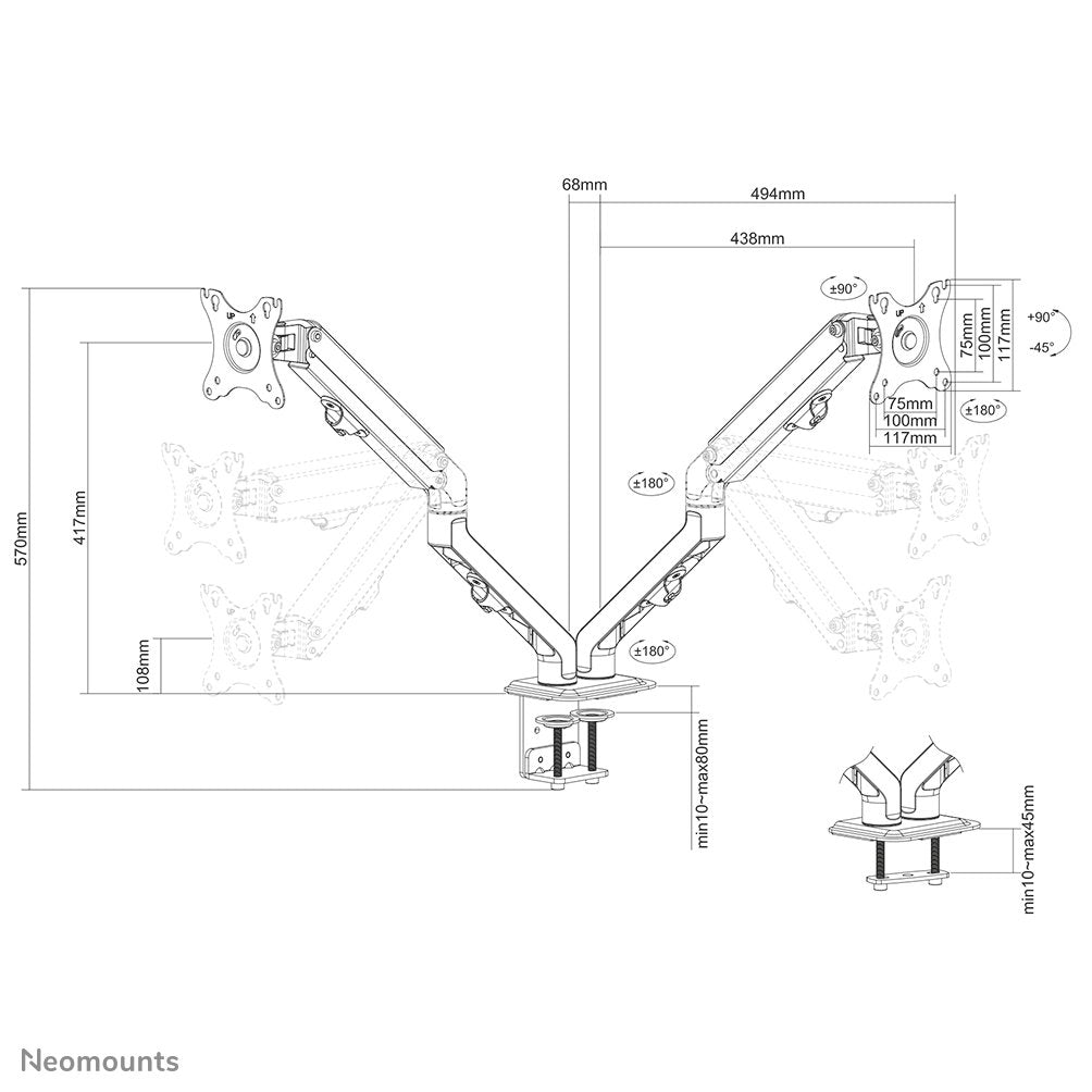 Newstar Soporte De Mesa 100x100 2-7kg 17-27 '' / Negro / Inclinable / Pivotante / Giratorio