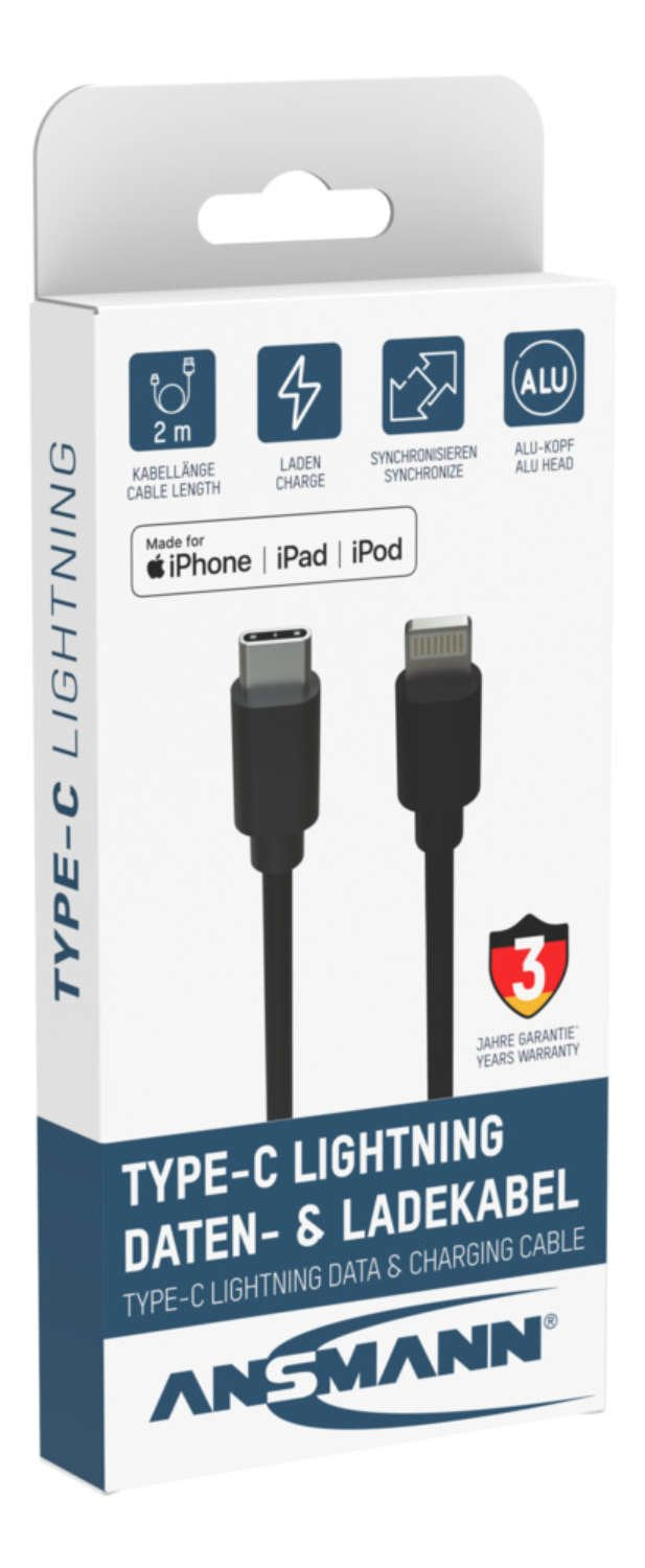 Cable Adaptador Usb 2.0 Ansmann, Conector Usb-C > Conector Lightning Negro, 2 Metros, Carga Con Hasta 60 Vatios 1700-0107