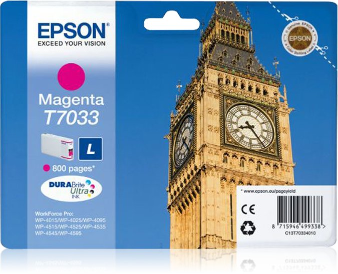 Tinta Original Epson T7033 Tamaño L Magenta Original Blister  Para Workforce Pro Wp-4015, Wp-4025, Wp-4095, Wp-4515, Wp-4525, Wp-4535, Wp-4545, Wp-4595