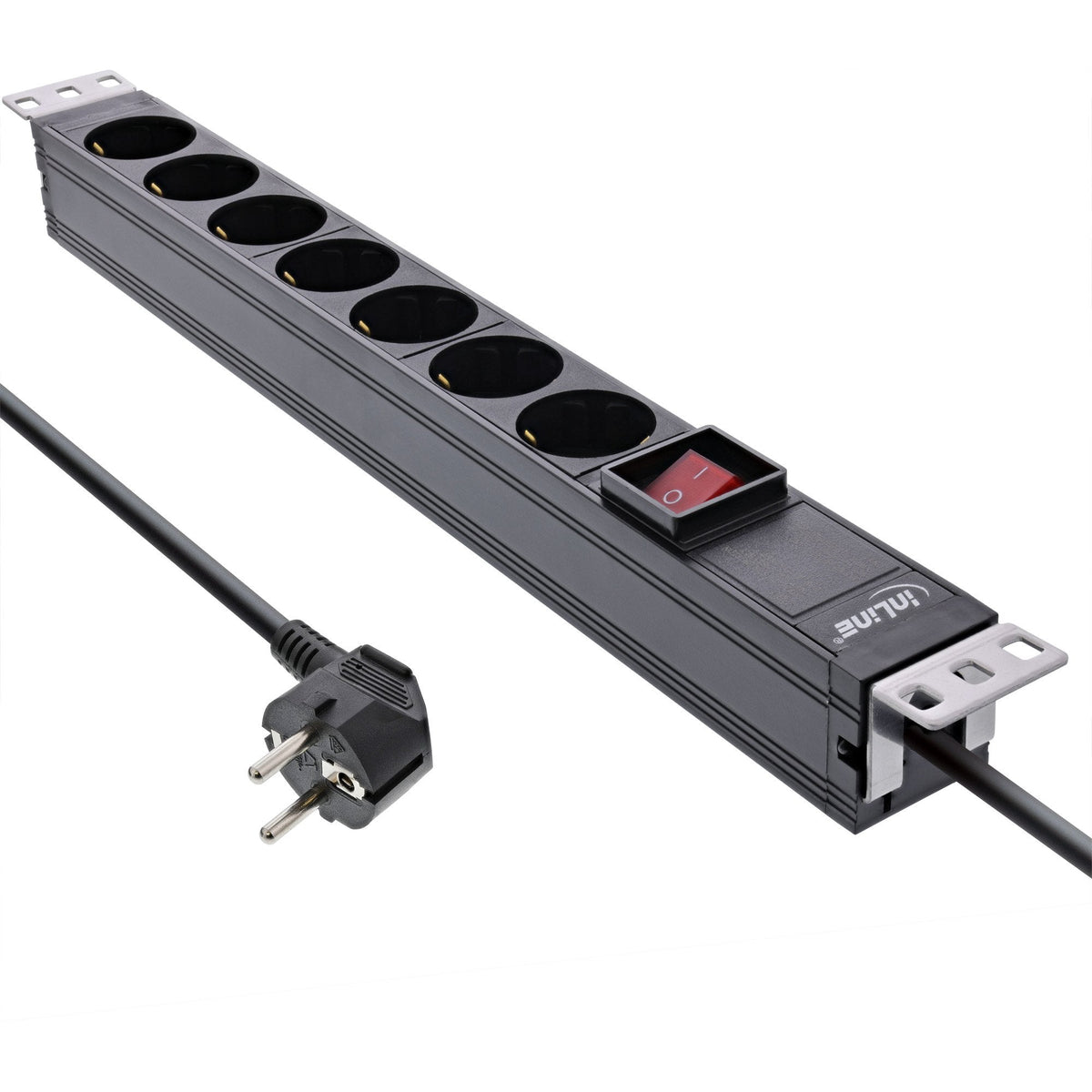 Inline® 19" Socket Strip, 7-Way Earthing Contact, With Switch, 2m, Negro