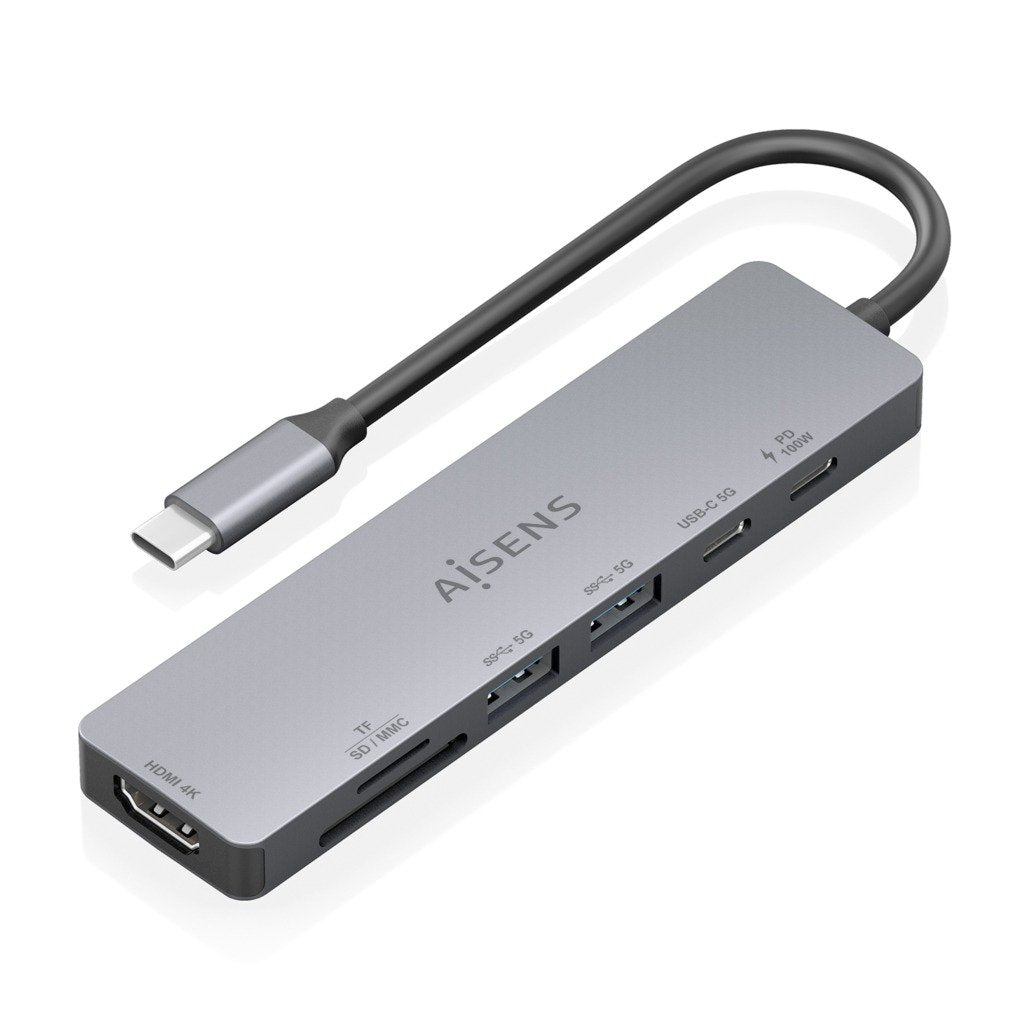 Aisens Usb-C Dock 7 En 1, Usb-C A 1xhdmi, 2xusb-A, 1xusb-C, 1xusb-C Pd 100w, 1xsd, 1xmicro Sd, Gris, 15cm