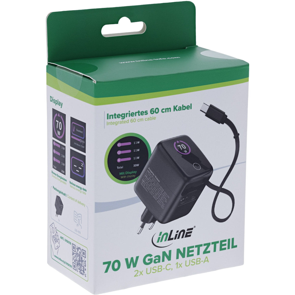 Inline Usb Fuente De Alimentación - 70w - Gan - Usb-C Pd + Usb-A Qc - Cable 60cm - Negro