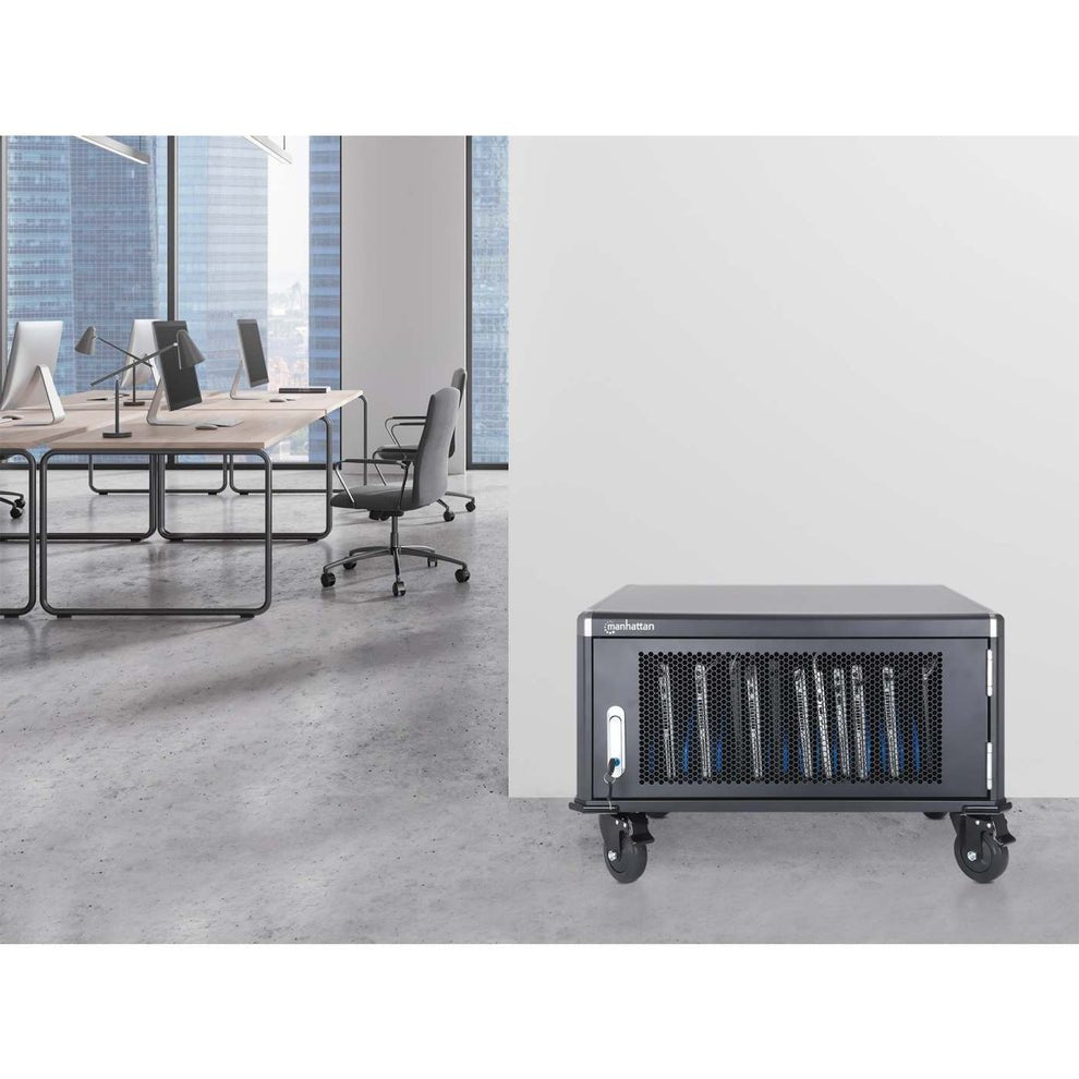 Manhattan Laptop Charging Cabinet Desktop Via Ac Adapter (Eu) 20-Bay, Install Device'S Ac Adapter (Power Cables) Into Unit, Suitable For All Laptops (To 16"), Ipads, Macbooks, Chromebooks, Other Portable Devices, Bays 380x30x280mm, Cart, Lo