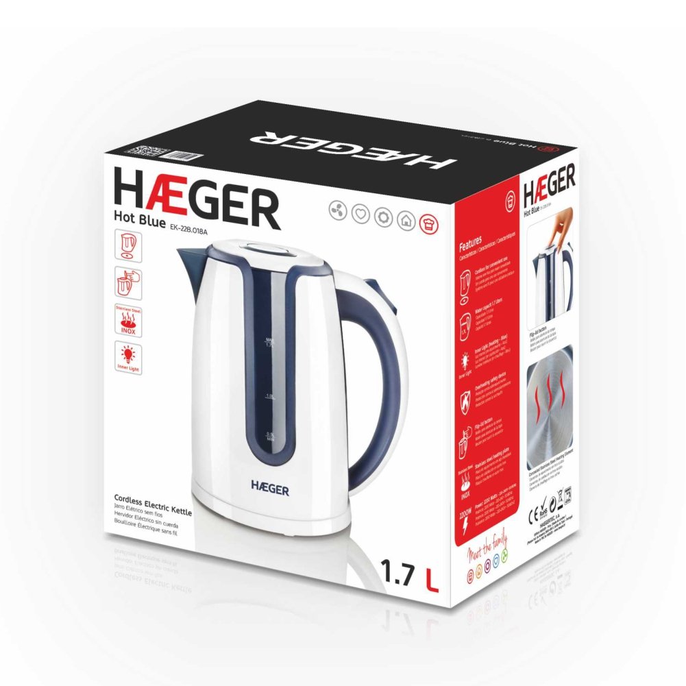 Hervidor Eléctrico De Agua Haeger Hot Blue 2200w 1.7l Sistema Sin Cables Cuerpo Y Resistencia Oculta Inox Base Rotativa 360º