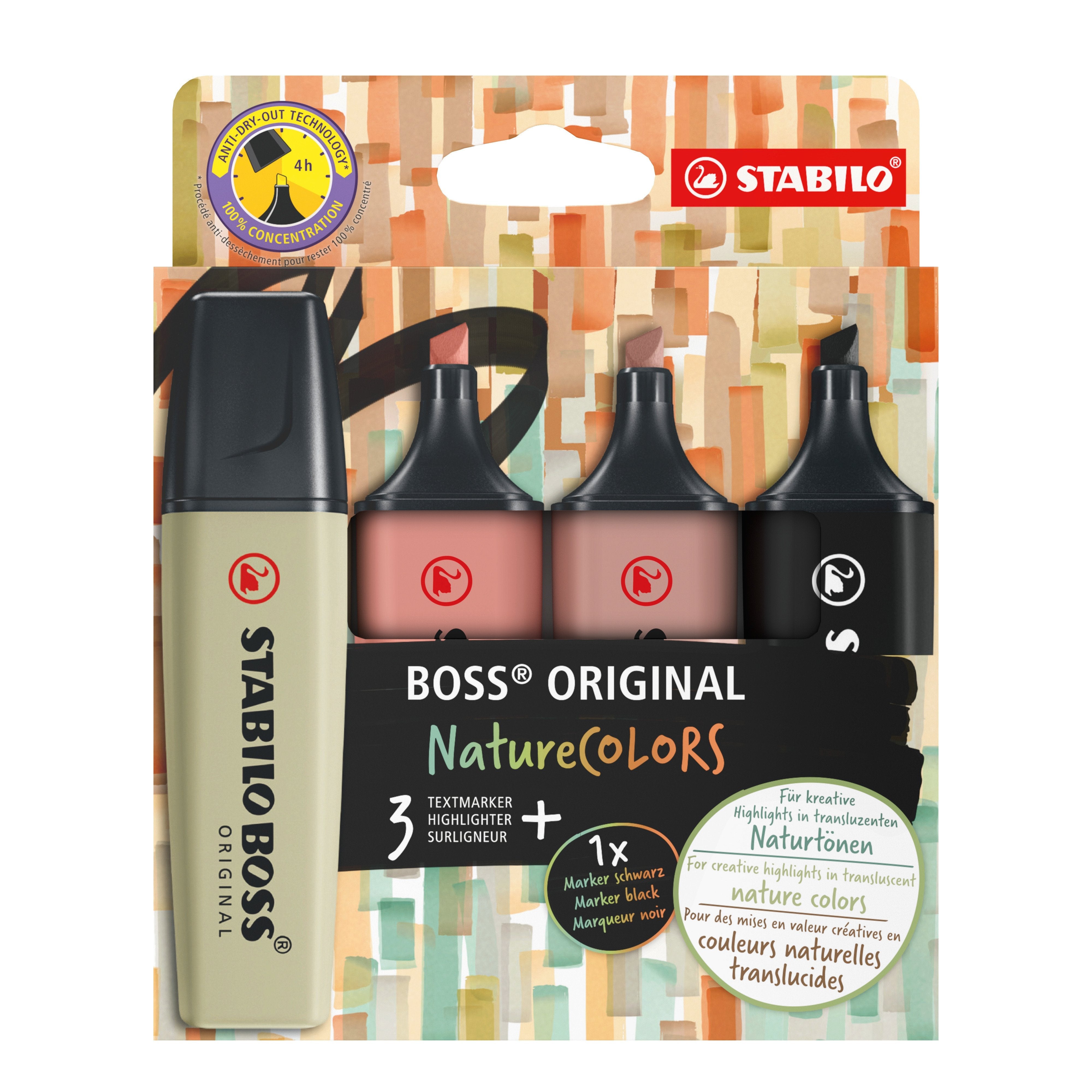 Stabilo Boss Naturecolors Pack De 4 Marcadores - Trazo Entre 2 Y 5mm - Tinta Con Base De Agua - Colores Negro, Ocre