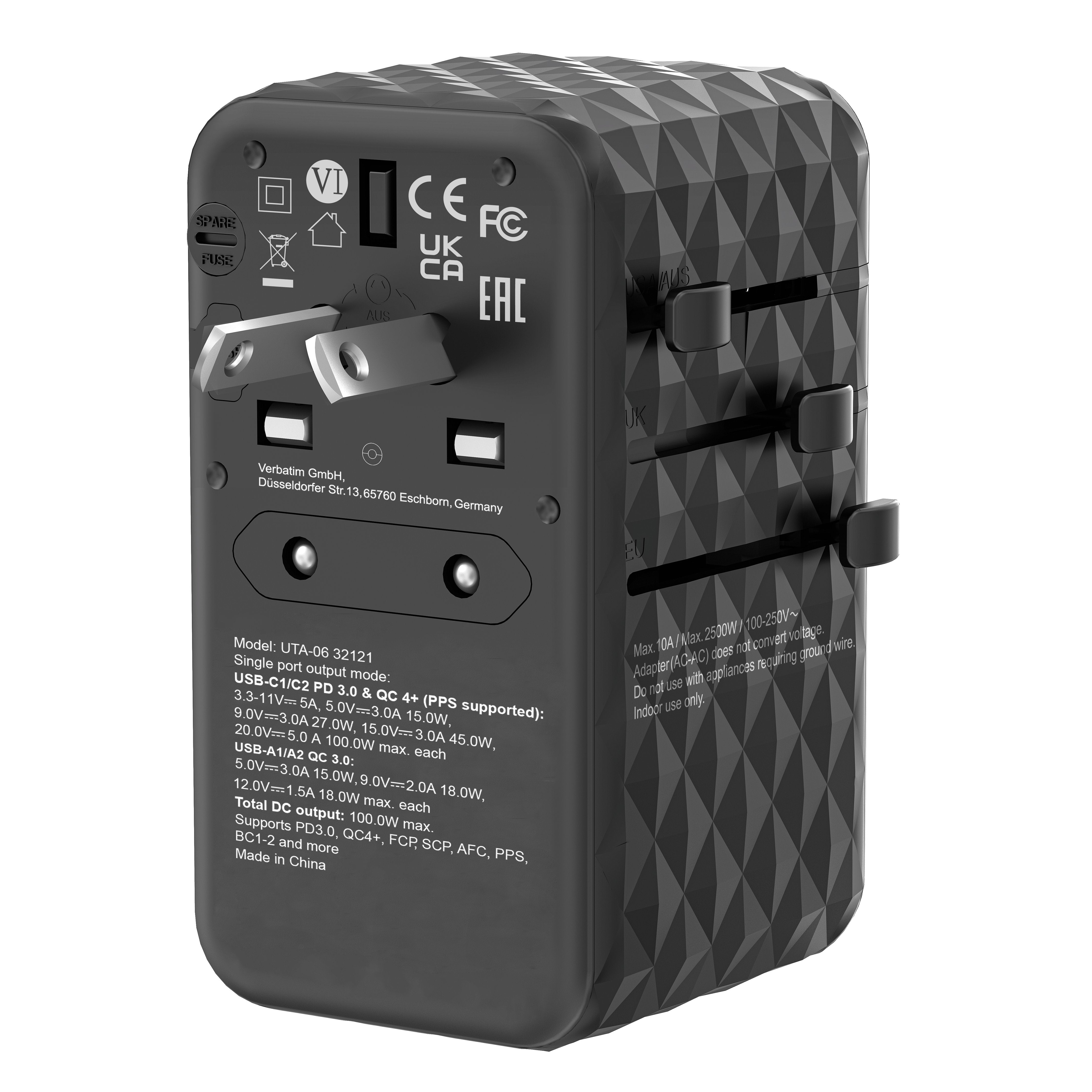 Cargador De Pared Universal Verbatim Uta-06 Gan Iii Toma De Corriente Universal 2xusb Tipo-C 2xusb 100w