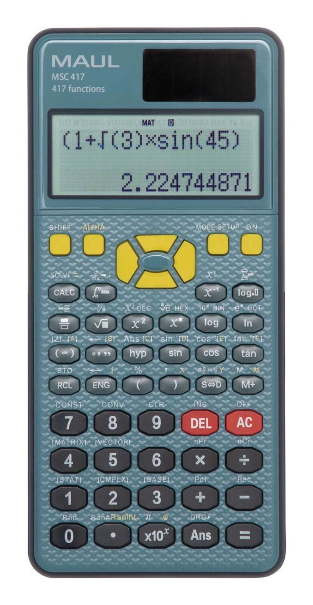 Maul Msc 417 - Calculadora Científica Con Pantalla De 2 Líneas, 80% Plástico Reciclado, Pantalla Lcd, Incluye Funda De Tapa Dura, Color Azul Y Negro