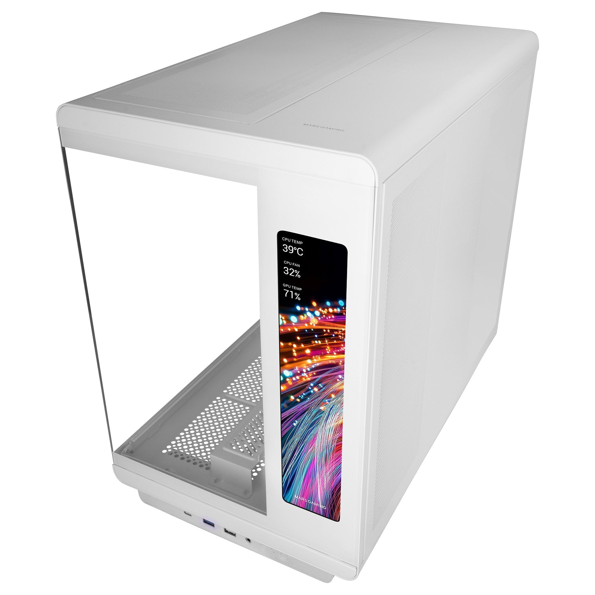 Caja Pc  Atx Mars Gaming Mc-Revmaxw Pantalla Lcd 11.8" Cristal Templado 4x Ventiladores Argb Blanco