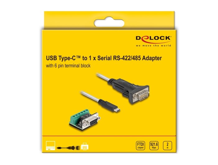 Delock Adapter Usb 2.0 Type-C Zu 1 X Seriell Rs-422 485 Stecker Mit 6 Pin Terminalblock 5 V 2 M
