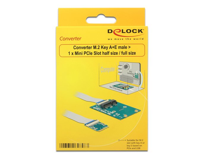 Delock Convertidor M.2 Clave A+E Macho  1 X Ranura Mini-Pcie De Tamaño Medio Y Tamaño Completo Con Cable Flexible