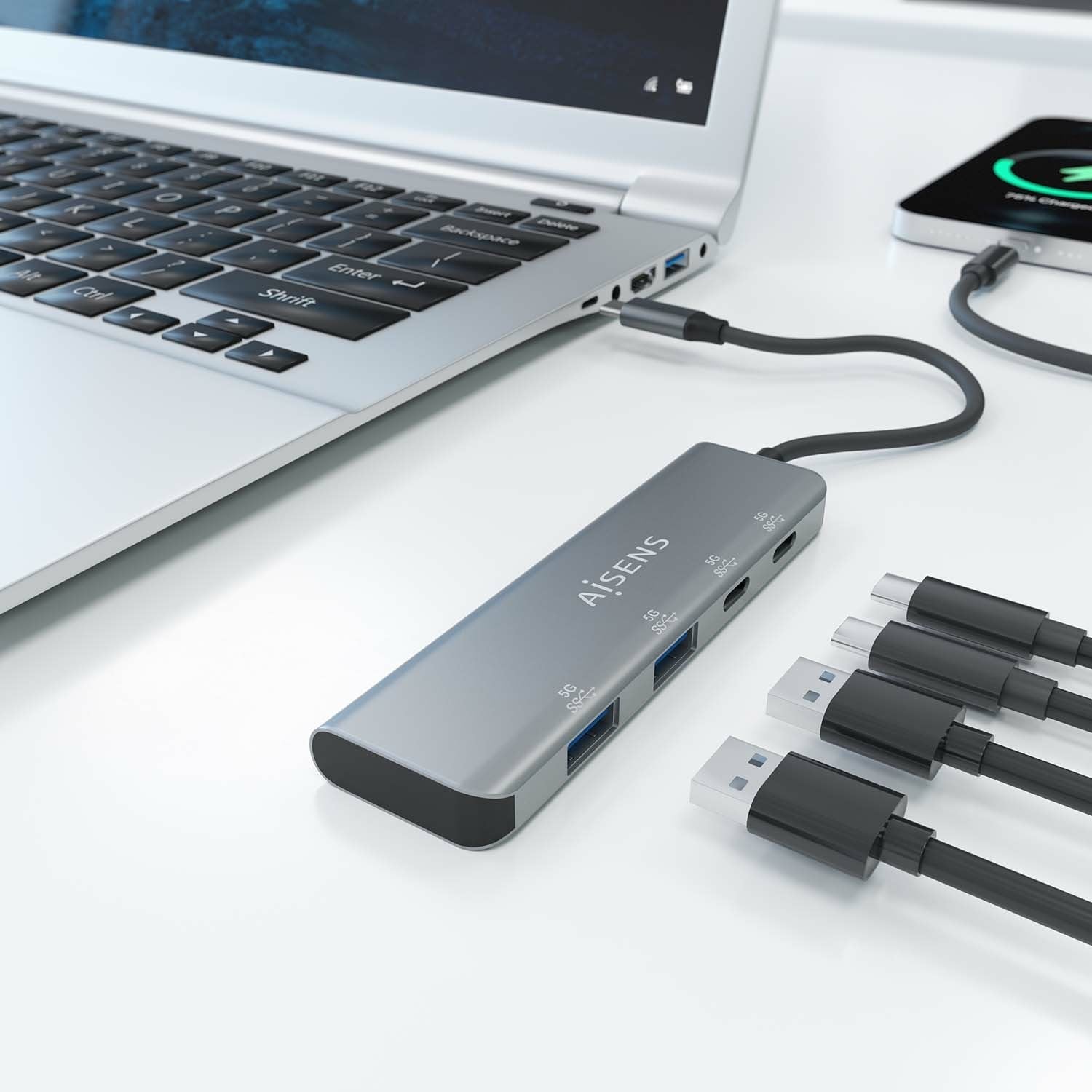 Aisens Hub Usb 3.2 Gen1 5g Usb-C - Usb-C/M-2xusb-C/H-2xusb-A/H - 15cm - Color Gris