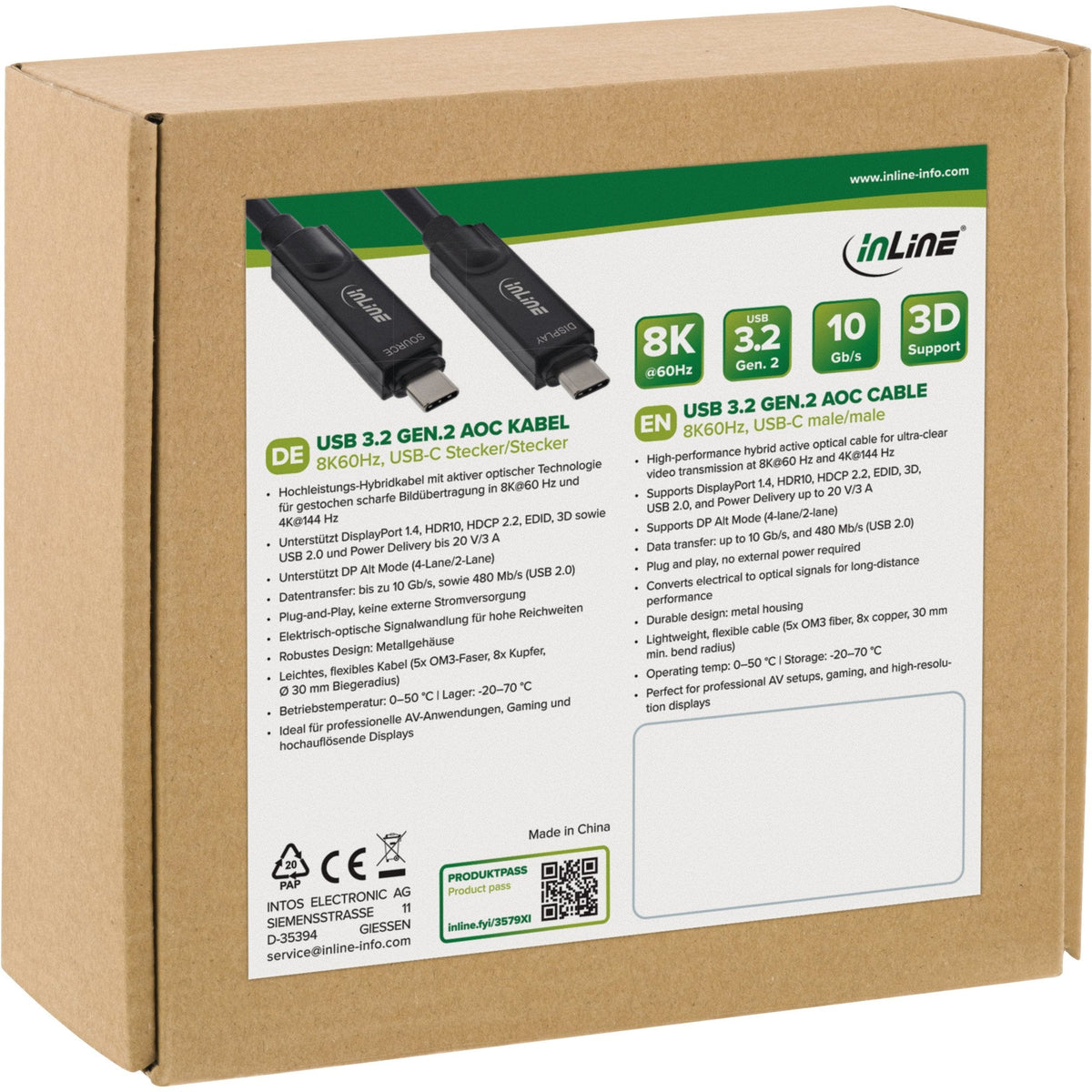 Cable De  7,5m Usb Aoc 3.2 Gen2 10gbps Pd60w Usb-C Macho A Usb-C Macho Negro Video 8k60hz, Datos, Carga