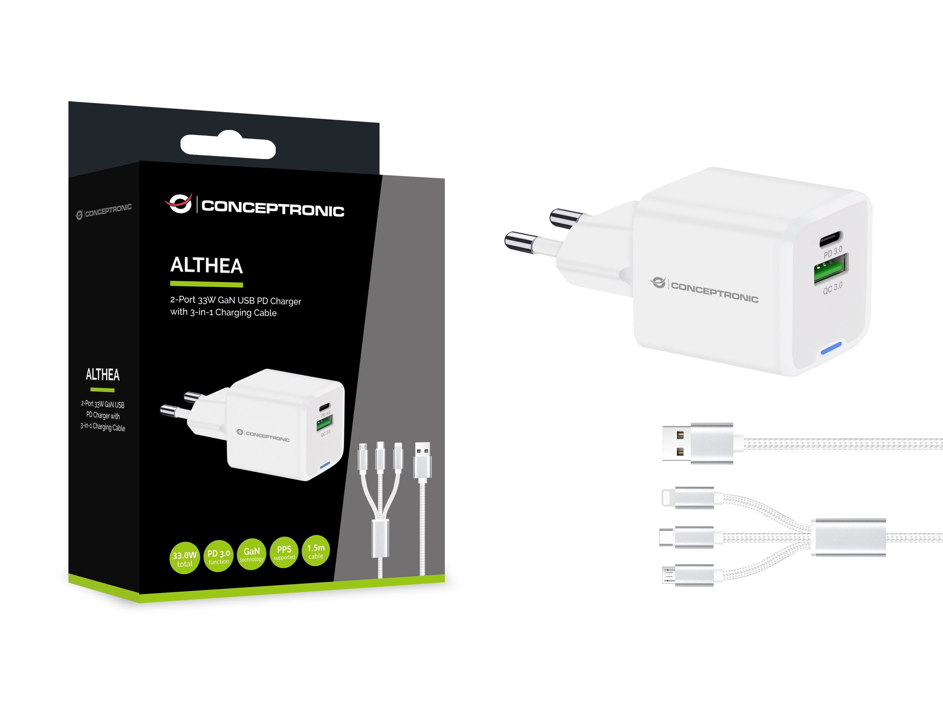 Conceptronic Cargador 2port 33w,1xusb-C,1xusb-A +3-In-1 Sw