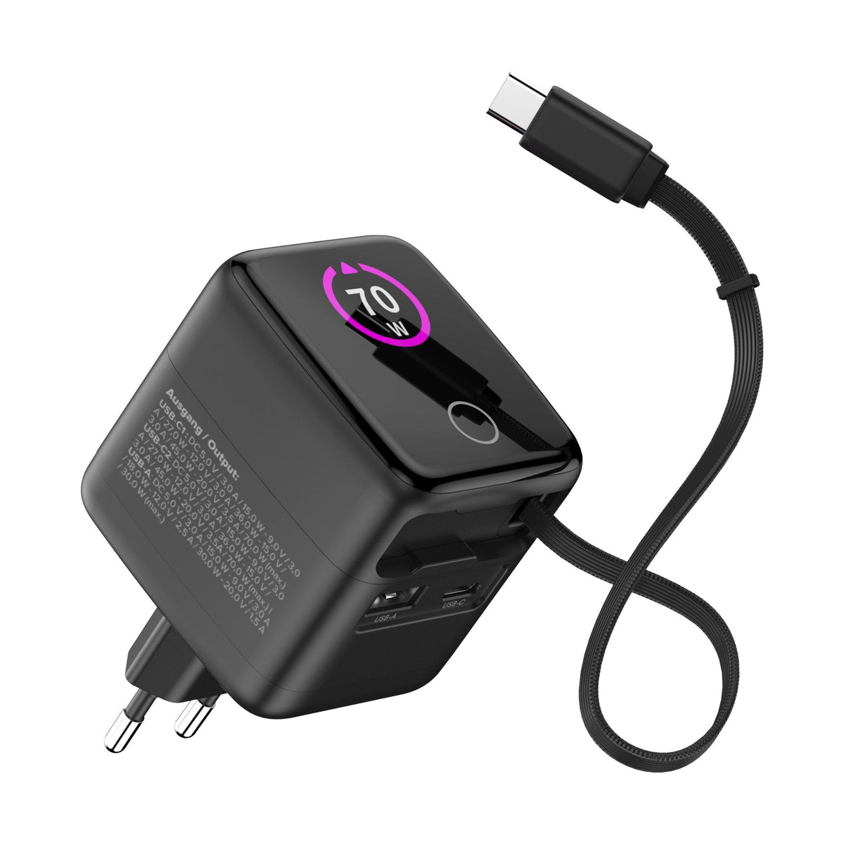 Inline Usb Fuente De Alimentación - 70w - Gan - Usb-C Pd + Usb-A Qc - Cable 60cm - Negro