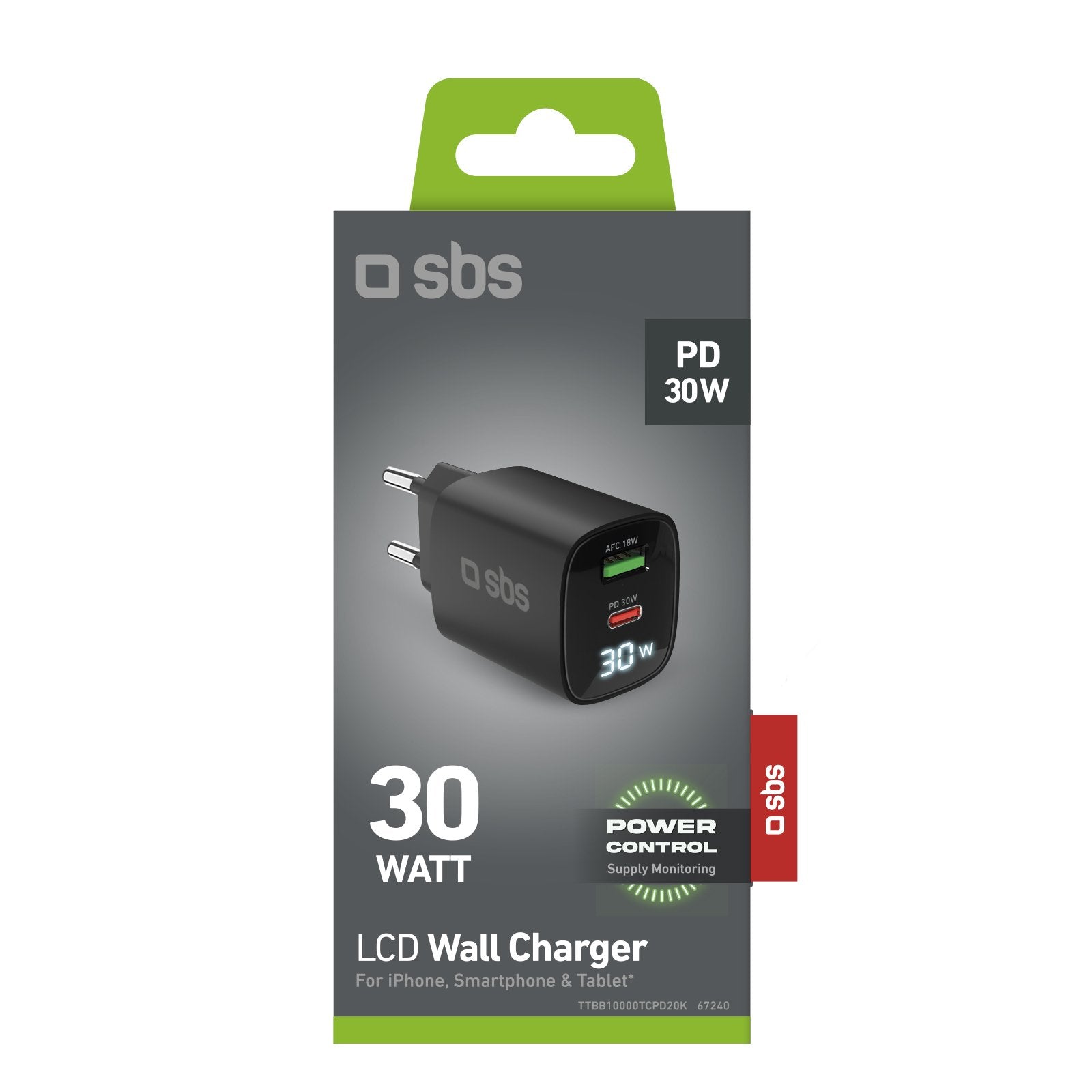 Sbs Pd Reiselader 30w Usb-C/18w Usb Lcd Gan Schwarz