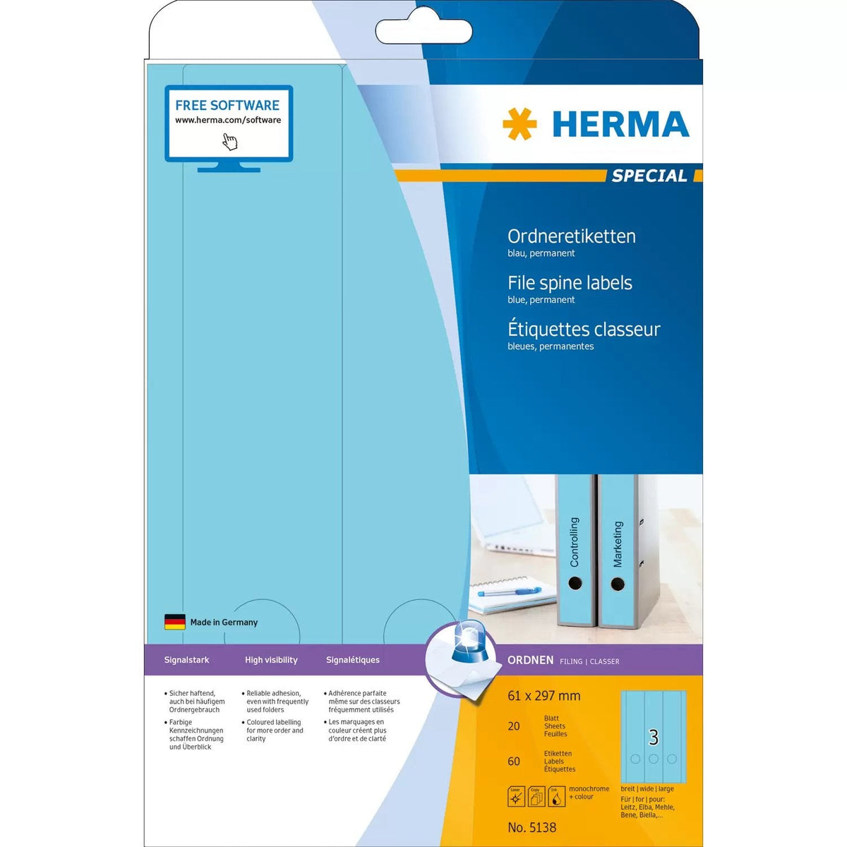 Herma Etiquetas Para Archivador 61,0 X 297,0 Mm Azul