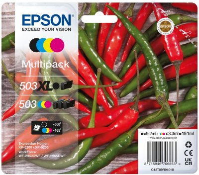 Epson 503 Xl Multipack Paquete De 4 Xl Negro Amarillo Cián Magenta Original Blíster Con Alarmas De Rf/Acústica Cartucho De Tinta Para Expression Home Xp-5200 Xp-5205 Workforce Wf-2960dwf Wf-2965dwf