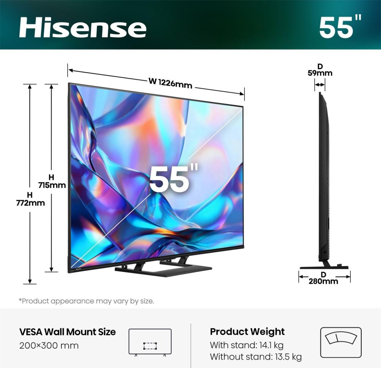 139,0cm 55" (3840x2160) Hisense 55a7ds Smart Tv 4k Hi-Qled 8ms 60hz Hdmi Usb Lan Hdr Vesa Wifi Bluetooth Black