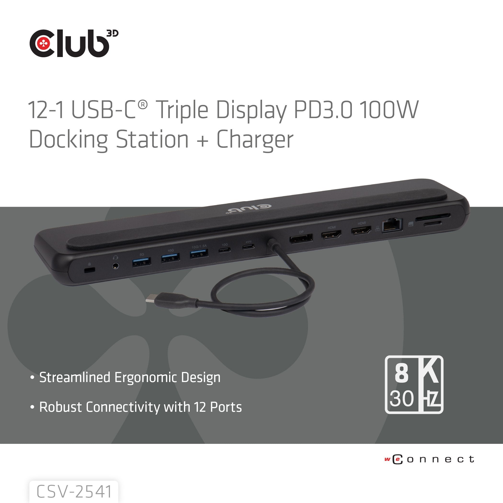 Club3d Usb-C 12in1-Dock >Dp1.4 2xhdmi 2xusb-C 8k30hz Pd100w Retail