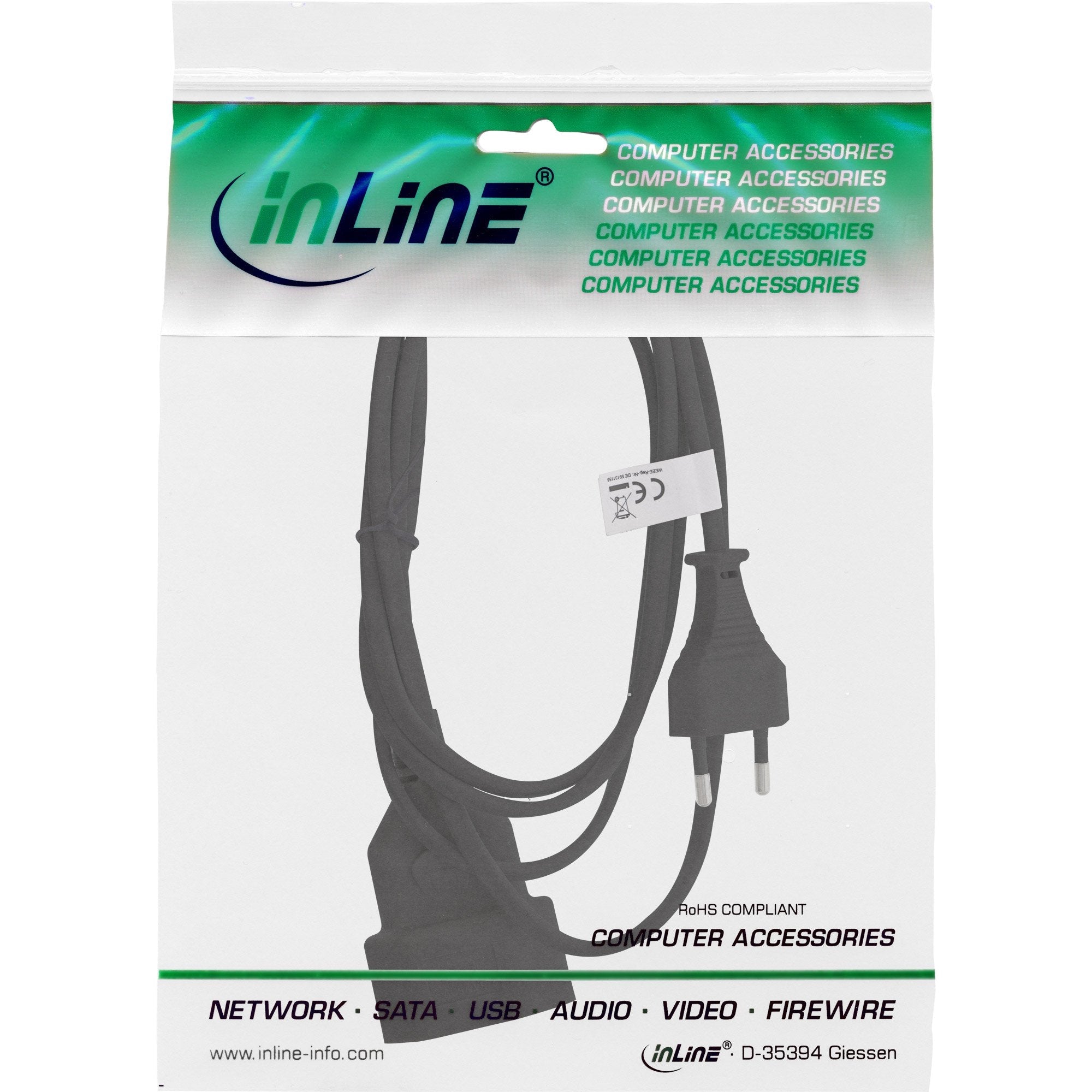 Inline Euro Type C Plug Power Extension Macho A Hembra Negro 3m