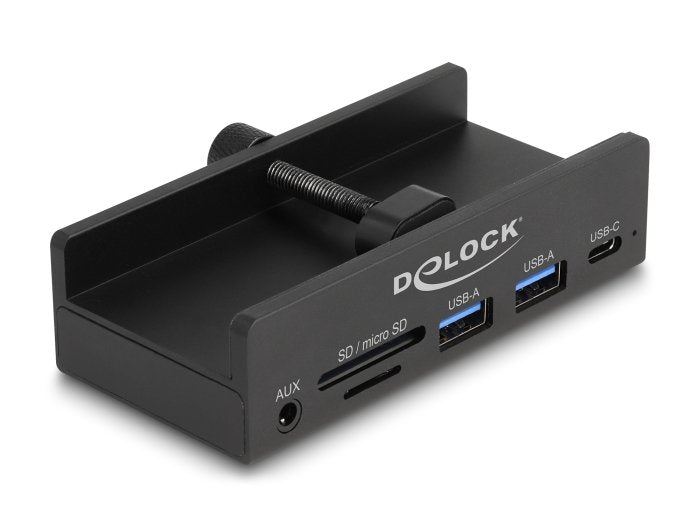 Delock 64285 Concentrador Externo Usb 5 Gbps De 3 Puertos 2 X Usb Tipo-A, 1 X Usb Type-C Y Lector De Tarjeta De 2 Ranuras Con Tornillo De Bloqueo