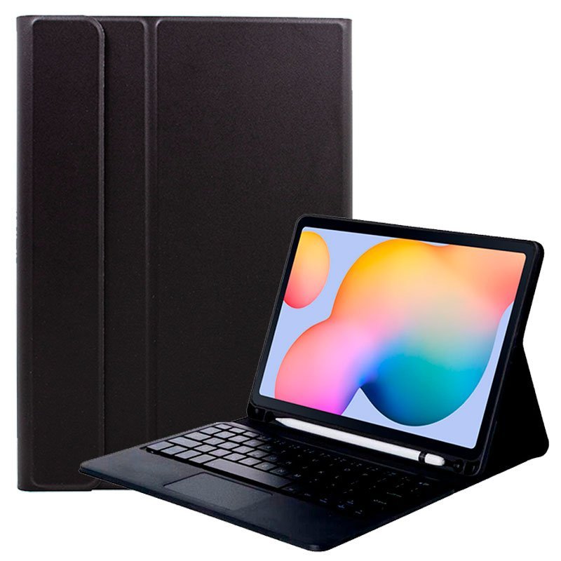 Funda Polipiel Negra + Teclado (Español) Bluetooth Galaxy Tab S6 Lite Con Touch Panel. 
Funda Con Teclado Bluetooth Para Samsung Galaxy Tab S6 Lite P610 / P615 / P619 / P613 De 10.4\1, Con Cubierta Plegable, Cierre Magnético Y Suave I