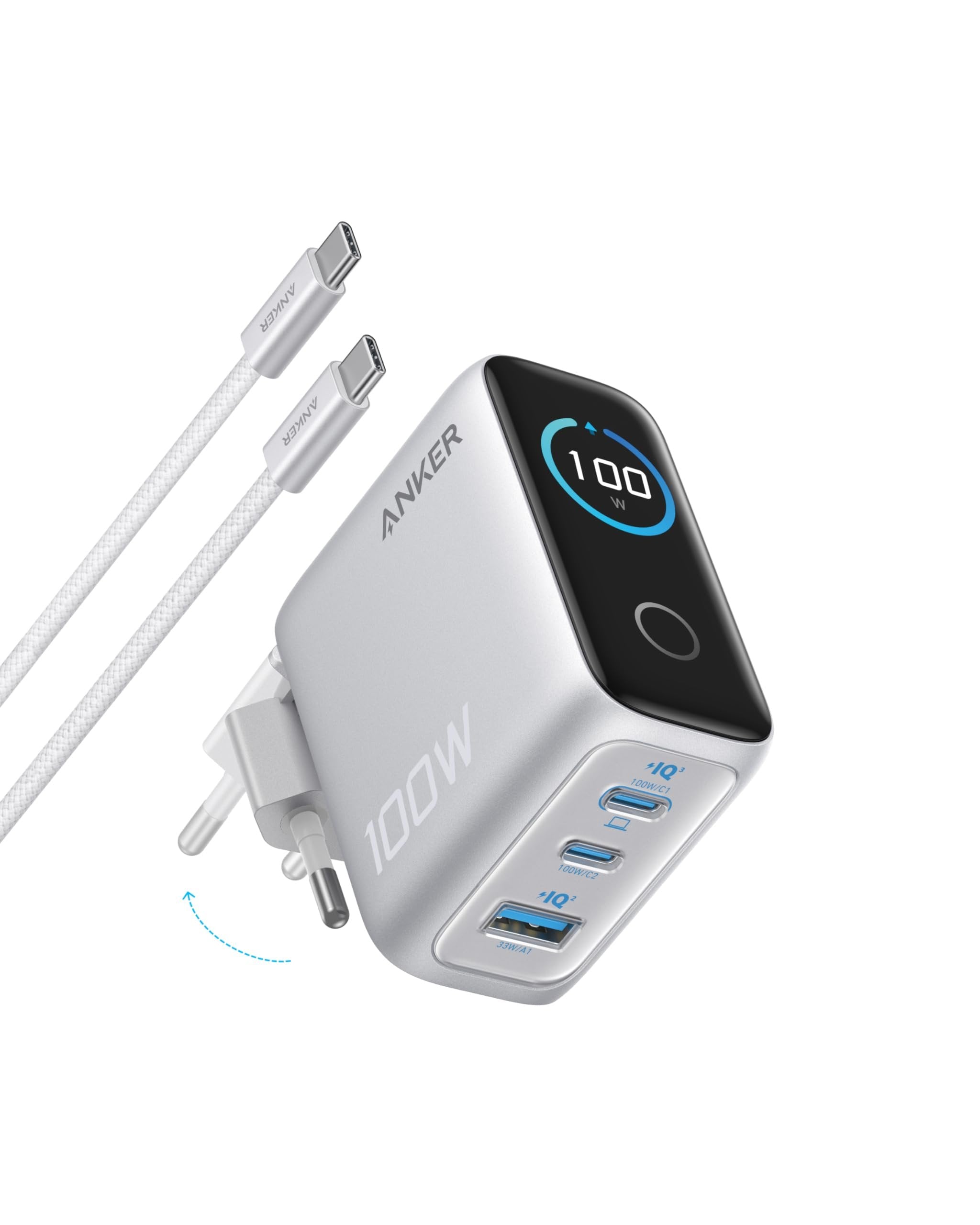 Cargador Anker 100w 3 Puertos Smart Display Plata