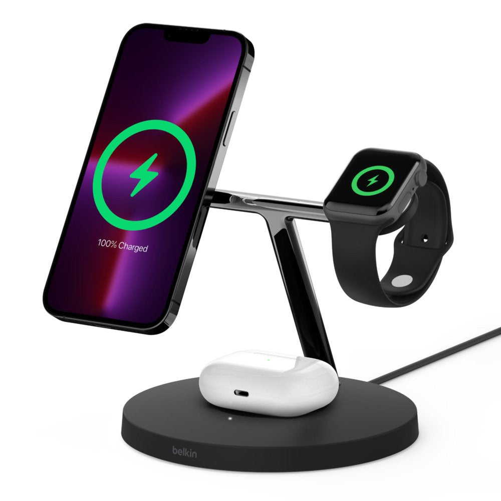 Belkin Boost Charge Pro Base De Carga Inalmbrica Con Magsafe + Adaptador De Corriente Ca 15 Vatios Fast Charge Negro Para Apple Airpods, Airpods Pro, Iphone 12, 13, Watch Series 4, Series 5, Series 6, Series 7