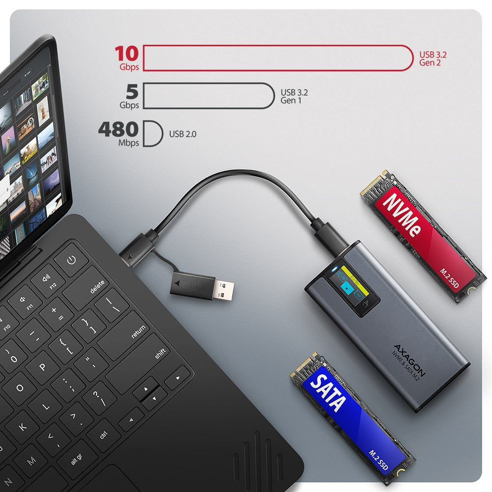 Eem2-Sd2 Obudowa Zewnetrzna Aluminiowa Bezsrubowa Usb-A/C 3.2 Gen2 M.2 Nvme/Sata Display Lcd