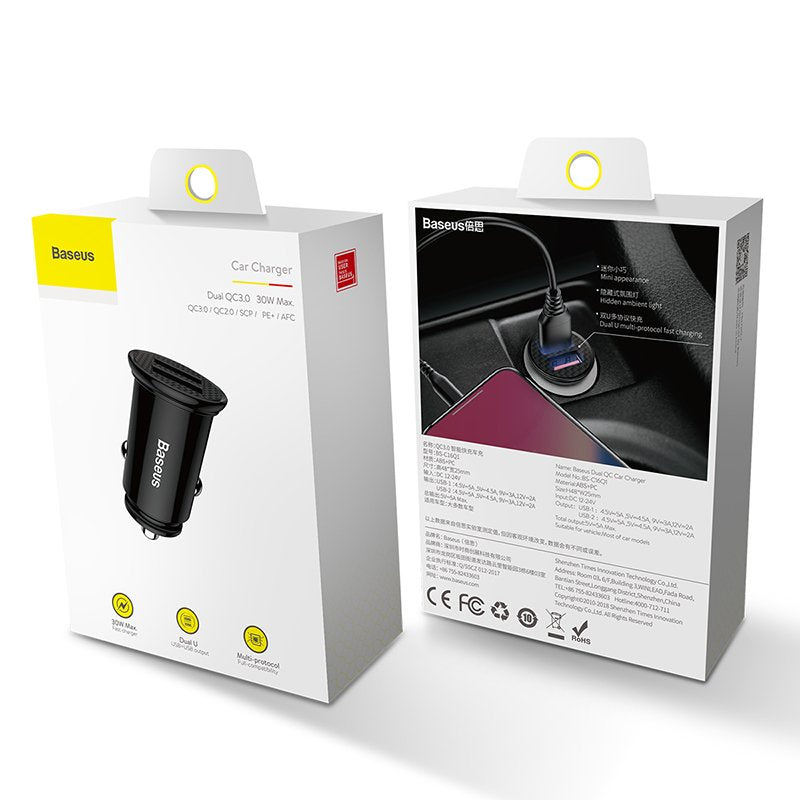 Car Charger Baseus Circular 2xusb Qc3.0 5a 30w (Black)