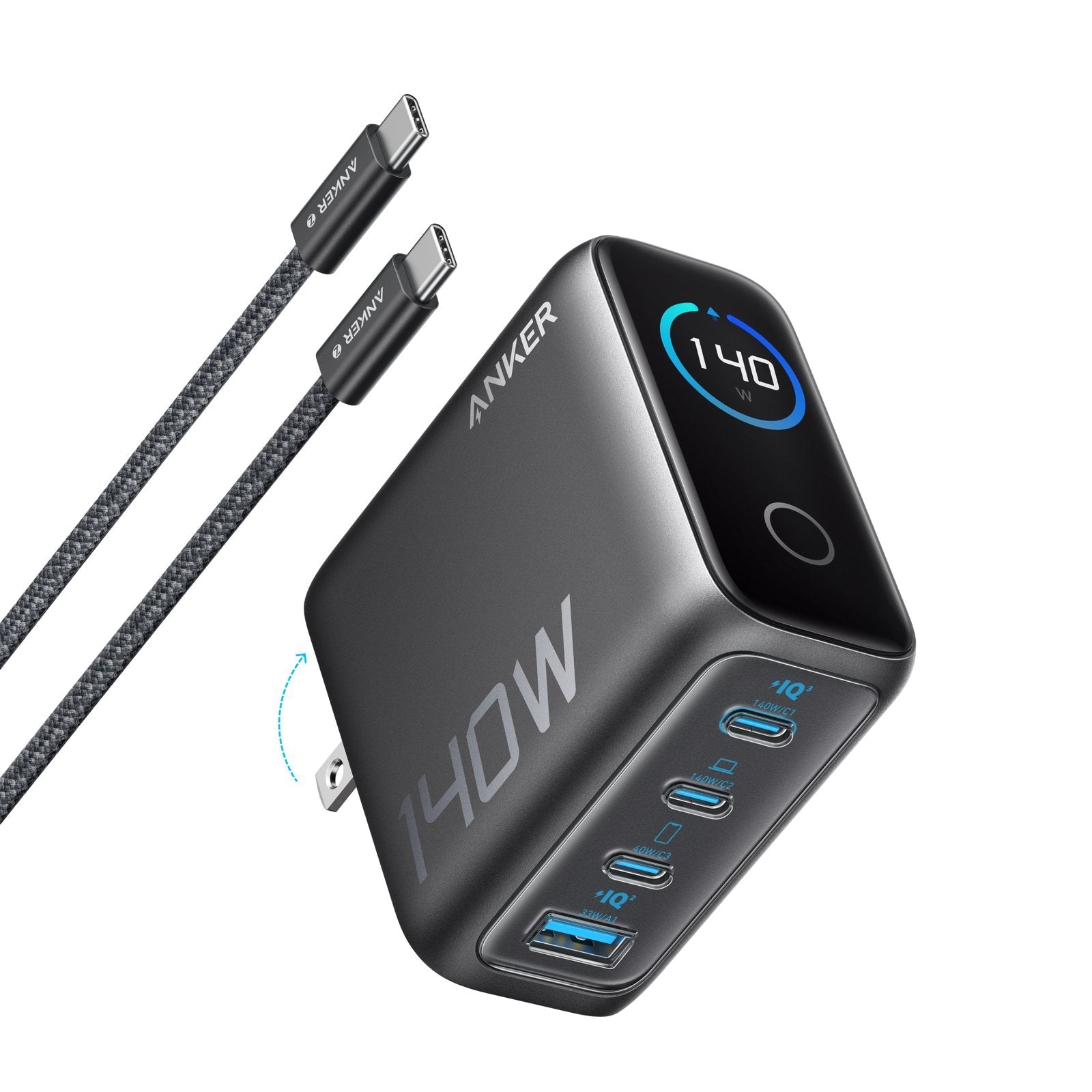 Cargador De Pared Anker 140w 4 Puertos Pd 3.1 Con Cable Usb-C Negro