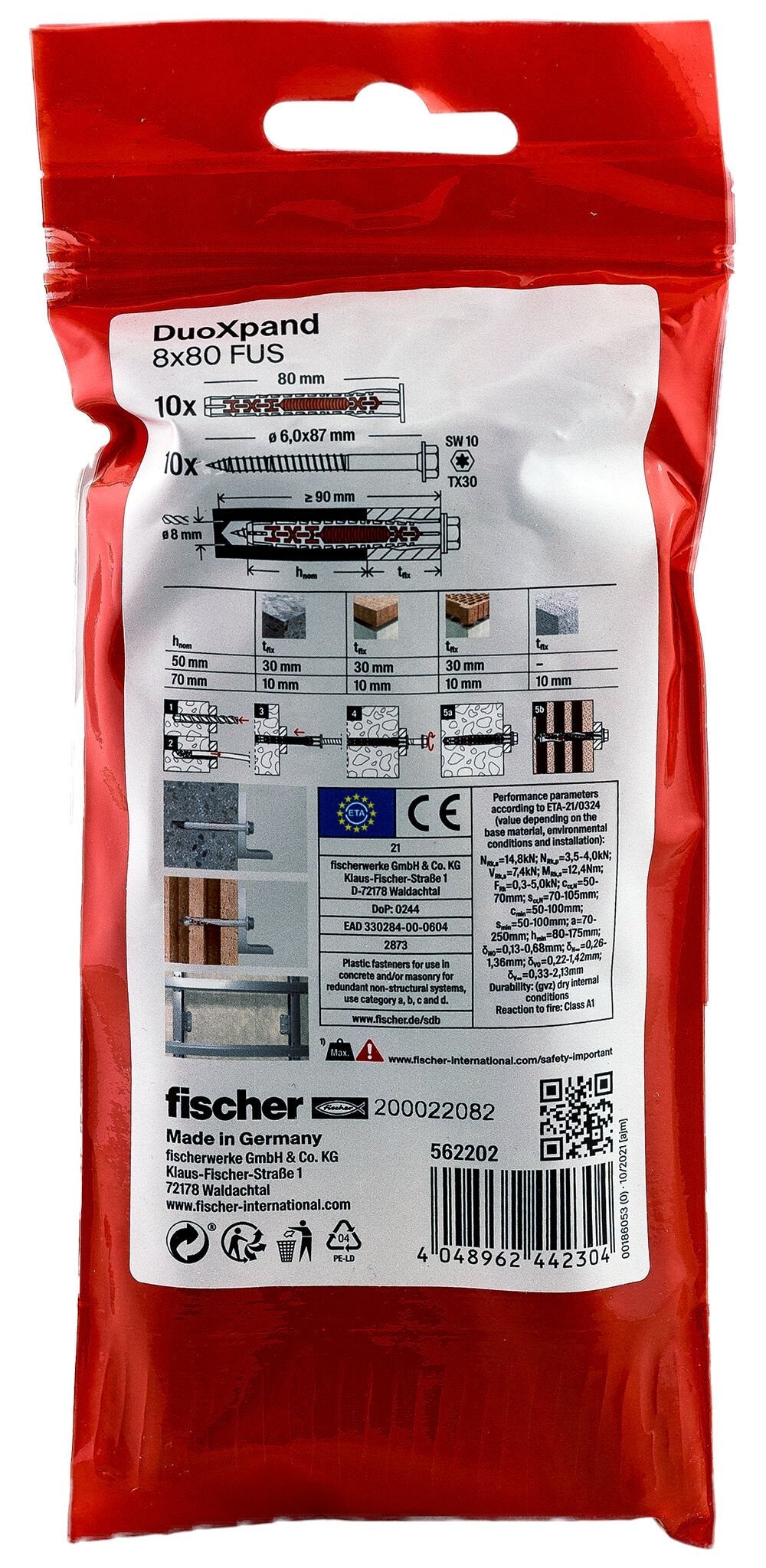 Tacos De Expansión Duoxpand Fus Ø8 X 80 Mm + Tornillos Ø6 X 87 Mm, Bolsa 10 Uds