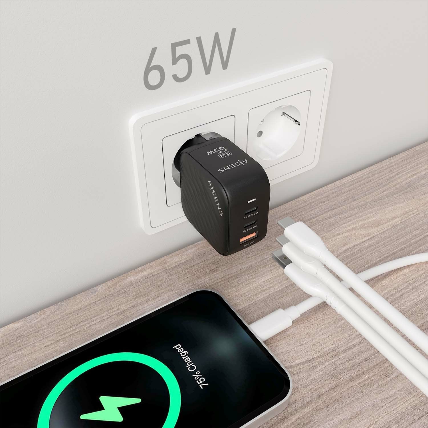 Aisens Cargador Gan 65w - 2xusb-C Pd3.0 Qc4.0 - 1xusb-A Qc3.0 Negro